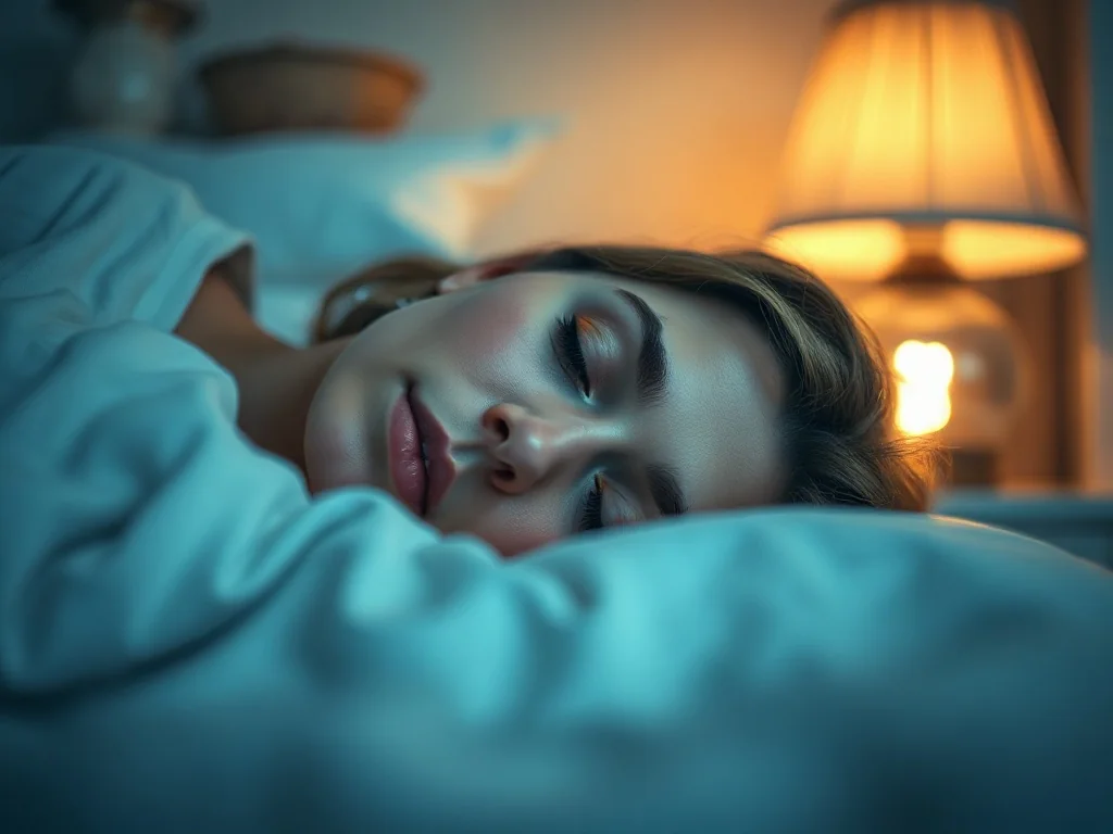 Spokojna kobieta śpiąca na miękkiej poduszce w przytulnej sypialni, symbolizująca zdrowy i regenerujący sen.