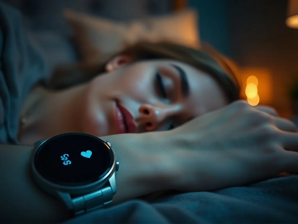 Kobieta śpiąca w przytulnej sypialni, mająca na nadgarstku smartwatch monitorujący tętno podczas nocnego odpoczynku.